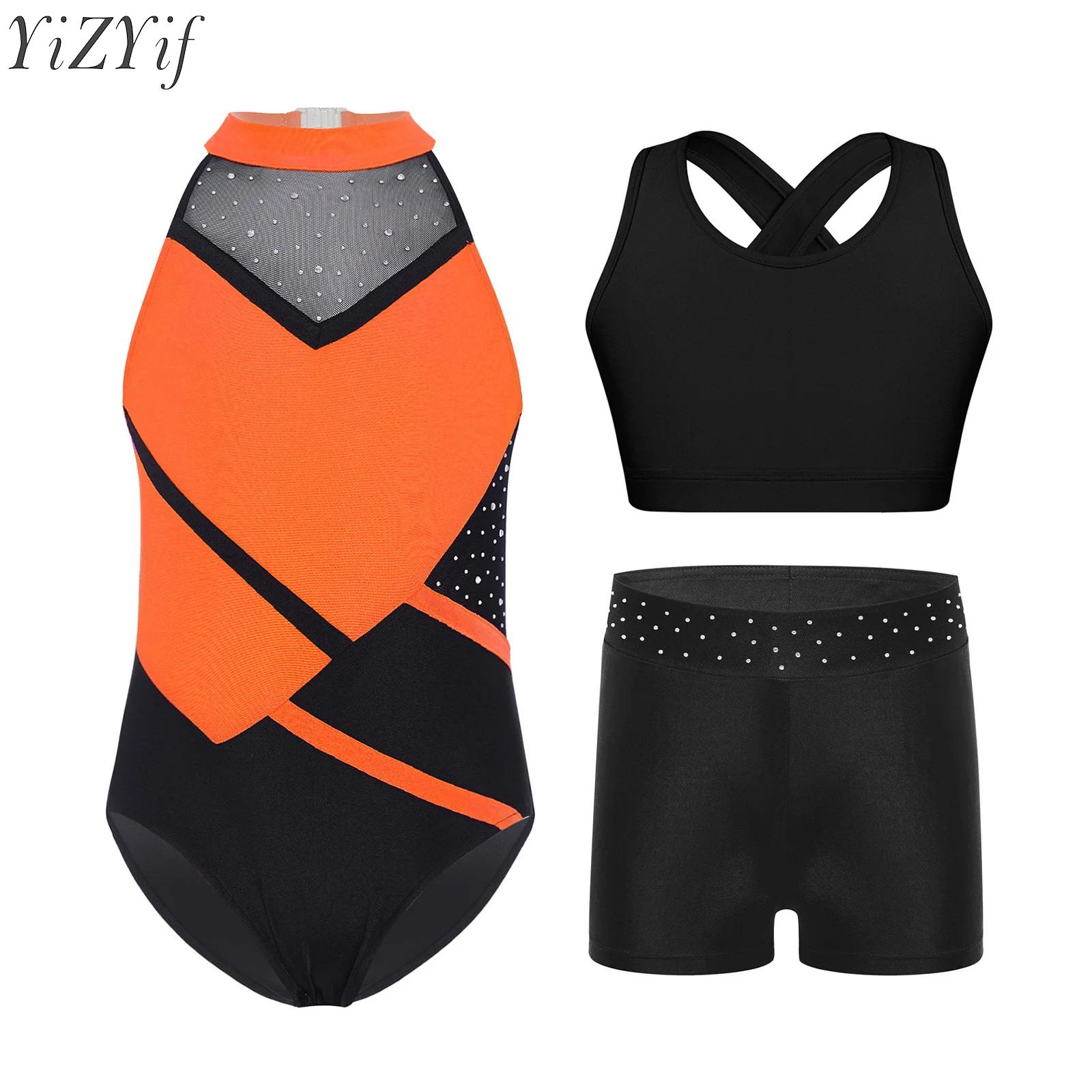 Crossfit Outfit - ชุดเต้นบัลเลต์สำหรับเด็กผู้หญิง ชุดแสดงยิมนาสติก ชุดรัดรูปประดับเพชร พร้อมเสื้อกั๊กครอปแบบไขว้หลังและกางเกงขาสั้น